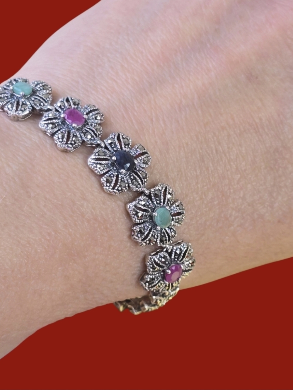 Natural Oval Emerald 5x4mm Ruby Sapphire‎ Marcasite 925 Sterling Silver Bracelet